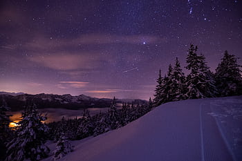 A breathtaking view of a starry sky over snow-covered mountains and pine trees in Viuz-la-Chiésaz, France. HD wallpaper