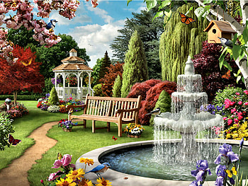 Make a Wish FC, birds, art, landscape, gazebo, beautiful, illustration, avian, artwork, wide screen, painting, bluebird, fountain, nature, flowers HD wallpaper