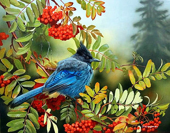 Songbird in Blue, artwork, painting, bird, trees, berries HD wallpaper