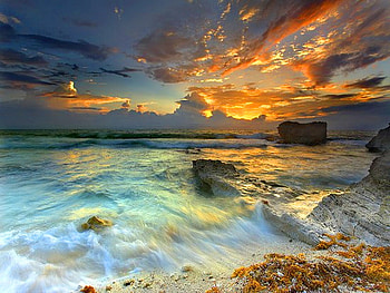 Beach song, waves, foam, colored sky blue waters, clouds, rocks, sunset, ocean, beach HD wallpaper