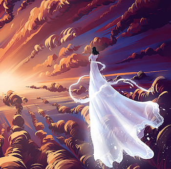 In the sky, girl, sky, orange, dress, sunset, white, michael penkevick, art, fantasy, luminos, cloud HD wallpaper