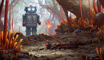 Robot In Nature, robot, artist, artwork, digital-art, artstation HD wallpaper