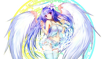˖✧◝(⁰▿⁰)◜✧˖, purple hair, angel, long hair, beauty, nice, wing, magical, female, sexy, wings, sweet, magic, hot, blue hair, girl, beautiful, anime girl, anime, pretty, lovely HD wallpaper