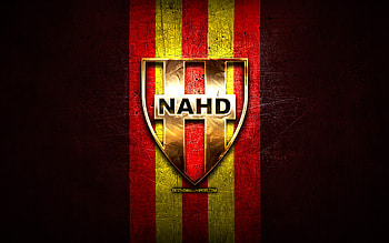 NA Hussein Dey, golden logo, Algerian Ligue Professionnelle 1, red metal background, football, Algerian football club, NA Hussein Dey logo, soccer, NA, Nasr Athletique Hussein Dey HD wallpaper
