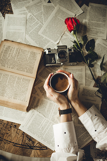 Flower, Miscellanea, Miscellaneous, Cup, Hands, Book, Camera, Pages, Page HD phone wallpaper