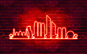 Abu Dhabi red neon silhouette, , red neon lights, Abu Dhabi skyline silhouette, red brickwall, UAE cities, neon skyline silhouettes, UAE, Abu Dhabi silhouette, Abu Dhabi, United Arab Emirates HD wallpaper