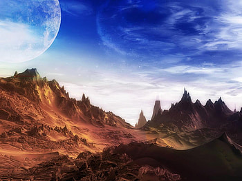 Digital mountain landscape, landscape, nature, moon, mountain HD wallpaper