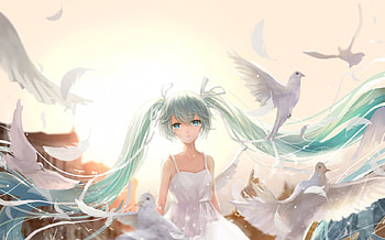 Prayer, blouse, vocaloid, twin tails, long hair, dress, miku hatsune, beauty, nice, miku, vocaloids, wing, hatsune, twintails, female, sweet, white, dove, bird, hatsune miku, twintail, flying, girl, beautiful, anime girl, featehre, anime, pretty, green hair, fly, pigeon, twin tail, lovely HD wallpaper
