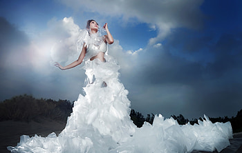 Bride, white, model, sky, girl, dress, woman, blue, view from down, asian HD wallpaper