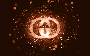 Gucci brown logo, , brown neon lights, creative, brown abstract background, Gucci logo, brands, Gucci HD wallpaper