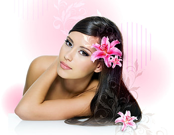 Woman, gentle, graphy, beauty, nice, lady, lips, female, makeup, white, model, brunette, eyes, elegantly, girl, beautiful, lily, pink, pretty, cool, face, flowers, lovely, hair, harmony HD wallpaper