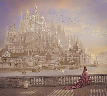 Castle, annewipf, terrace, fantasy, girl, water HD wallpaper