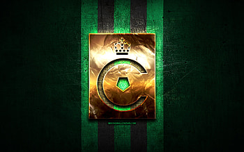 Cercle Brugge FC, golden logo, Jupiler Pro League, green metal background, football, belgian football club, Cercle Brugge logo, soccer, Cercle Brugge KSV HD wallpaper
