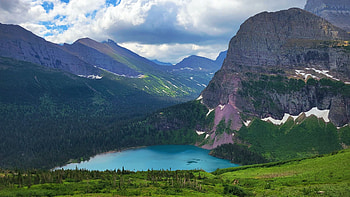 Grinnell Glacier Lake, Glacier National Park, Montana, landscape, clouds, trees, sky, mountains, usa HD wallpaper