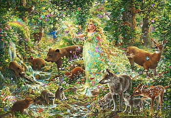 Mother Natures Magic, bear, raccoons, animals, deer, forest, wolf, birds, girl, butterflies, painting, flowers HD wallpaper