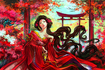Oriental girl, asian, art, girl, geisha, oriental, fantasy, red, anndr, autumn, luminos HD wallpaper