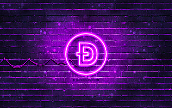 Dogecoin violet logo, , violet brickwall, Dogecoin logo, cryptocurrency, Dogecoin neon logo, Dogecoin HD wallpaper