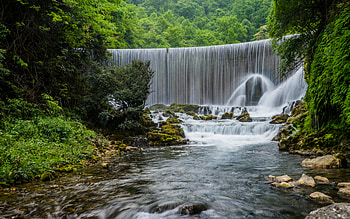 Dam, waterfall, river, forest HD wallpaper