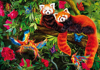 RED PANDAS, FLOWERS, COLORFUL, BUTTERFLIES, FOREST, BIRDS, RED, PANDAS HD wallpaper