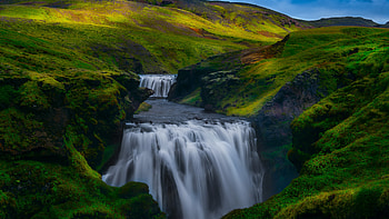Beautiful waterfall stream algae covered rocks stones mountain slope blue sky background Nature HD wallpaper
