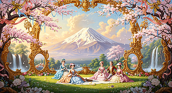 Rococo Fuji: Cherry Blossom Vista, Mount Fuji, Woman, Mountain, Tea Party HD wallpaper