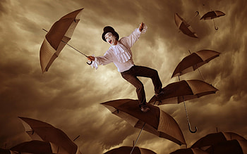 Creative fantasy, umbrella, creative, brown, fantasy, clown, man, hat HD wallpaper