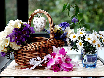 Flowers, Camomile, Bouquets, Bouquet, Glass, Heart, Basket, Lukoshko HD wallpaper