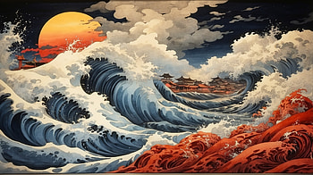 Sunset Sea Japanese Painting, sunset, sea, wave, Japan, painting HD wallpaper