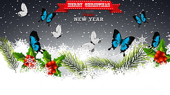 Snowflakes and Butterflies, winter, Feliz Navidad, prine, spruce, papillon, fir, holly, butterflies, snowflakes, Christmas, snow, holly berries HD wallpaper