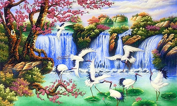 Valley Cascades, herons, birds, attractions in dreams, paintings, waterfalls, spring, summer, love four seasons, animals, valley, flying birds, nature, flowers HD wallpaper