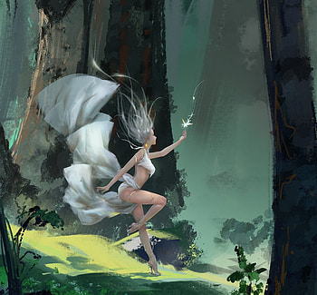 Catching fireflies, running, art, shiwen liu, girl, firefly, fantasy, green, luminos, forest HD wallpaper