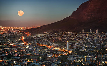 Cities, Houses, Sky, Twilight, Moon, Lights, Mountain, Shine, Light, Skyscrapers, Dusk, Height, Megalopolis, Megapolis, View, Panorama, Cape Town, South Africa HD wallpaper