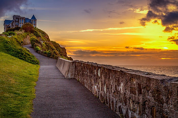 Morning Walk, sea, louds, house, sea view, view, parh, road, nature, sky HD wallpaper