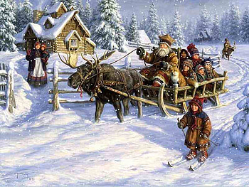 In Dreamland, children, sleigh, old man, moose, so happy, snow, house, delighted HD wallpaper
