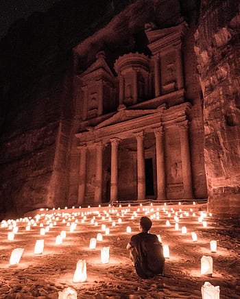 Experience the enchanting glow of candlelit Petra, a UNESCO World Heritage site, under the stars. HD phone wallpaper