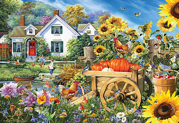 Home is Sweet, garden, flowers, cart, house, painting HD wallpaper