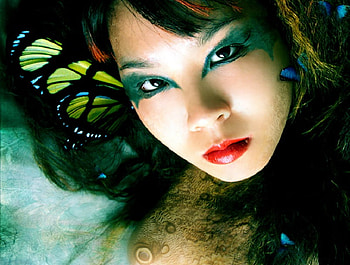 Eastern Promise, model, eyes, beauty, butterfly, fantasy, green, face, lips, female HD wallpaper