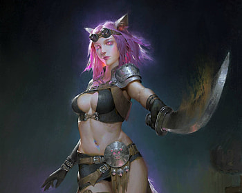 Cat girl, fantasy, art, wei fan, ears, girl, weifan, cat, warrior, pink HD wallpaper