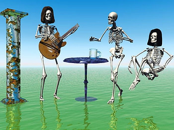 The Skeletal Rock Band, table, skeletons, music, 3d, pillar, guitar, water, hair HD wallpaper
