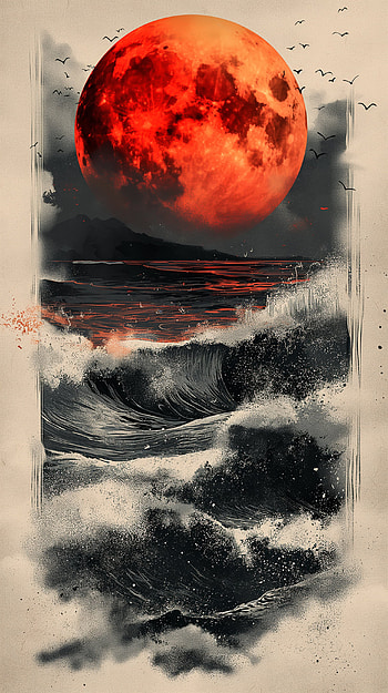 Blood Moon Over Ocean Waves, wave HD phone wallpaper
