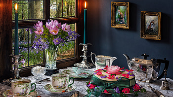 Still Life, window, cake, porcelain, table, candle, flowers HD wallpaper