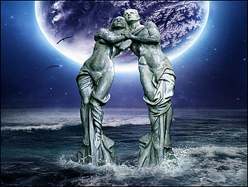 eternal love, night, blue, moon, love, couple, ocean, statue HD wallpaper