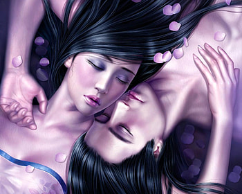 Lovers, man, girl, tang yuehui, hand, woman, purple, pink, fantasy, petals, couple, luminos HD wallpaper