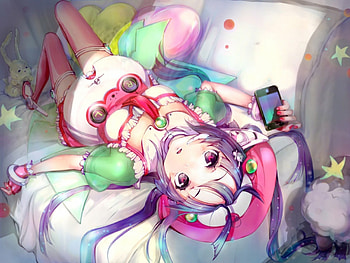 bunnies_couch_vocaloid_gloves_dress_stars_long_hair_purple_hair_thigh_highs_seethrough_pillows_ipho, vocaLOID, girl, anime, love HD wallpaper