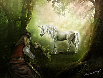 Unicorn, abstract, fantasy, girl, forest HD wallpaper