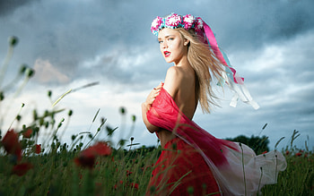 Beauty, model, blonde, girl, woman, summer, pink, flower, wond, green, red, field, wreath HD wallpaper