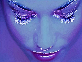 Woman pop art, blue, looking down, pink, face, woman HD wallpaper