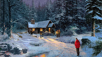Christmas, painting, art, pictura, iarna, church, people, winter, craciun, thomas kinkade HD wallpaper
