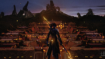 Zhongli With Sword Lights Building Background Genshin Impact HD wallpaper