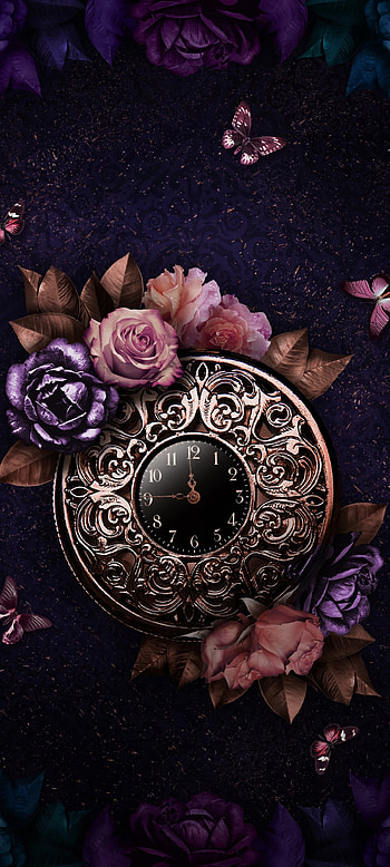 Clock and Rose, magenta, serveware, dark, getjello HD phone wallpaper
